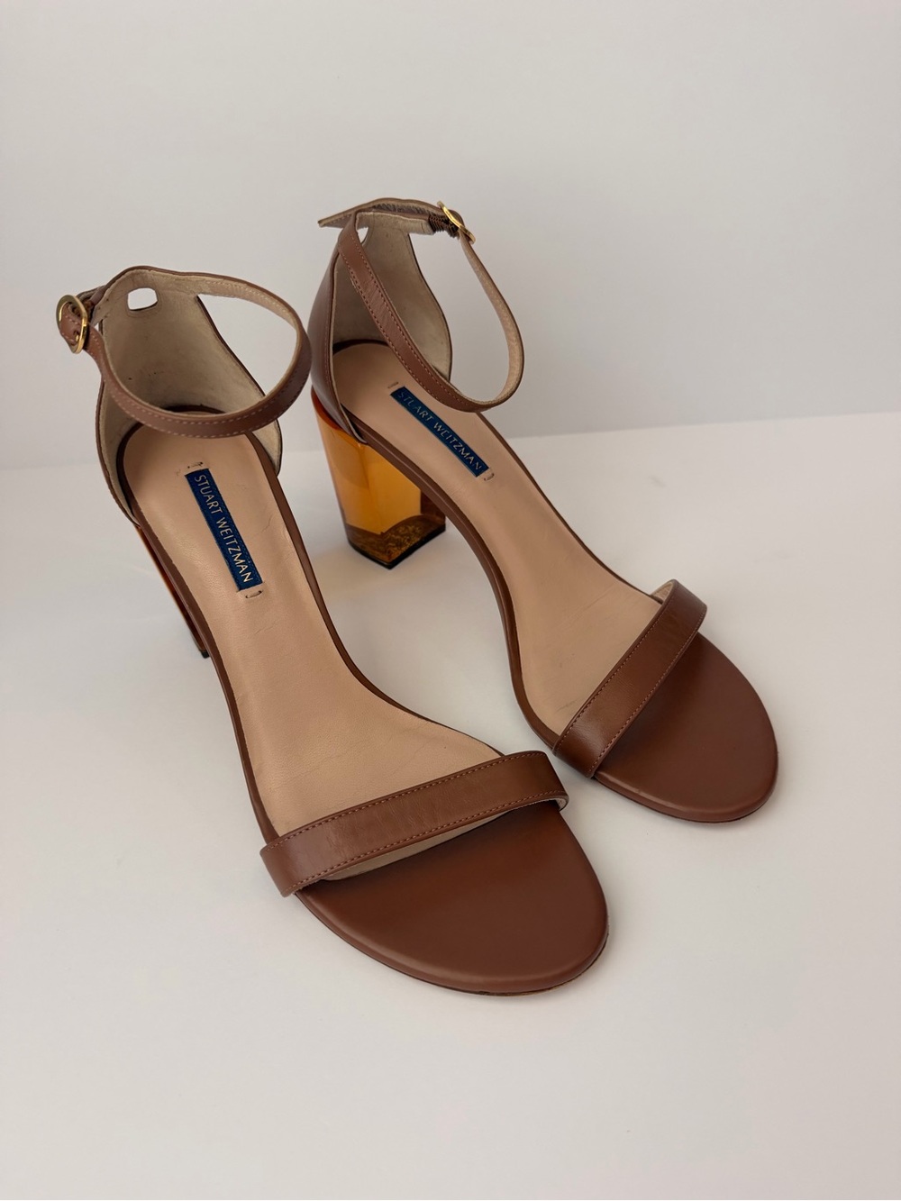 Stuart Weitzman Brown Leather Sandals with Amber Block Heel size 10 - Picture 2 of 7